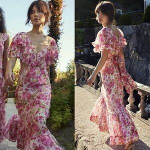 🆕 BYTIMO Organza Floral Tieback Maxi Dress in Pink Daisy Sz XS